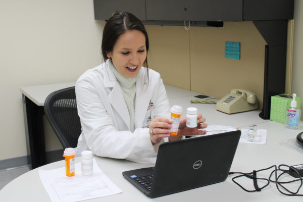 Taylor Hauser participating in the telepharmacy simulation organized by Andrea Porter.