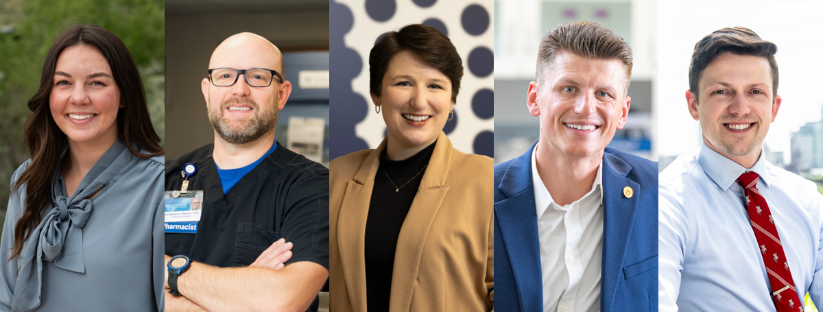  The UW–Madison School of Pharmacy's 2025 Five Alumni of the Future: Amanda Nelsen (BS '21), Nathan Woolever (PharmD '18), Taylor Watterson (PhD '22), Chris Unterberger (PhD '22), and Connor Hanson (PharmD '19, MS '21). 