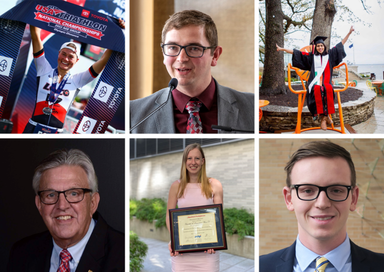 A collage of alumni who submitted Class Notes for Fall 2022, including Terry Maves, Dani Fischer, Mike Nagy, Elizabeth Langenstroer, Niyanta Kumar, and Owen Miller.