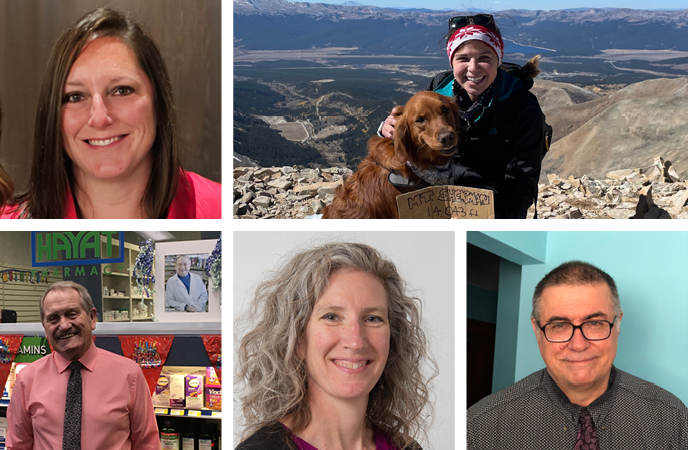 Collage of alumni who have submitted class notes for Winter 2023, including Natasha Virrueta on a mountain, Lisa Holle, Mark Putzi, Amanda Borleske, and Jeffrey Swanson.