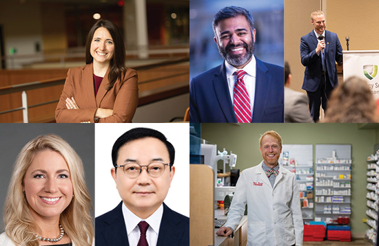 Photos of alumni who submitted Fall 2026 class notes, including Kristin Harney (PharmD '16, MS '18), Kavish Choudhary (MS '06), Josh Nachreiner (PharmD '19), Jennifer Tryon (MS '06), Seijin Lim (PhD '94), Ryan Bender (PharmD '05).