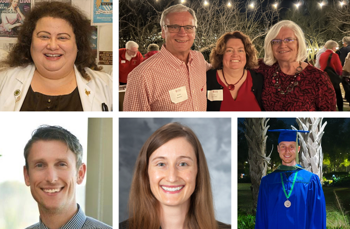 Alumni who submitted Spring 2023 Class Notes include Heidi Mansour (BS '96, PhD '03), Amy Kennedy (PharmD '08), Travis Suss (PharmD '12), Monica Bogenshutz (PharmD '08), and Tyler Jessel (BS '17).