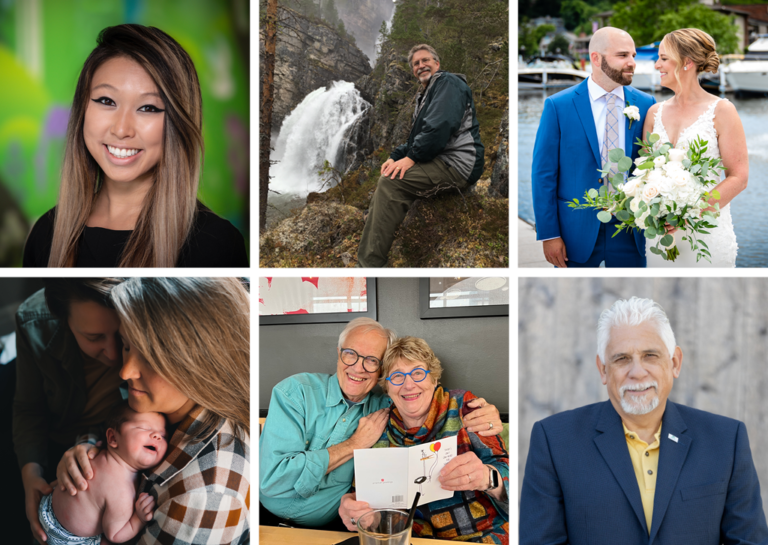 A collage of alumni who submitted class notes for the Winter 2022 issue, including Angie Ngo, Sally Rudolph, Patti Thornewell, George MacKinnon III, Eldon Karwand, and Jocelyn Kerl.