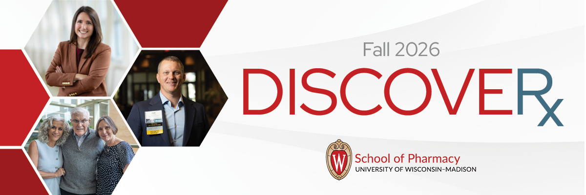 Fall 2026 DiscoveRx masthead featuring alumni Kristin Harney, Matt McGowan, and Azita Saleki with George Zografi