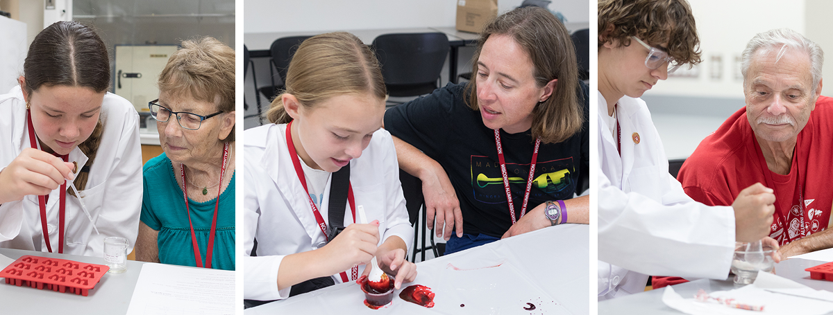 A collage of three photos of young attendees of Grandparents University doing hands-on compounding with their older adult attendee