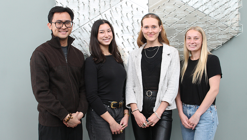 PharmD students Theo Buna, Sophia Castillo, Makenzie Hansen, and Emma Hoedel, functional leads for the School's 2025 IPhO Clinical Case Competition team.