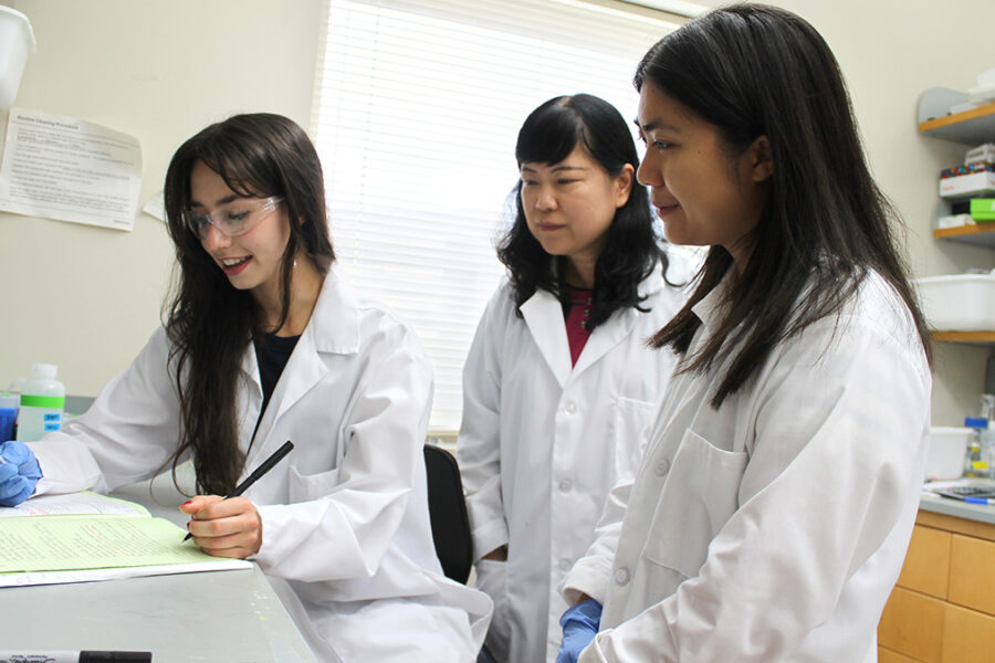 Sophia Melnyk works in a lab alongside Lingjun Li and Kelly Lu.