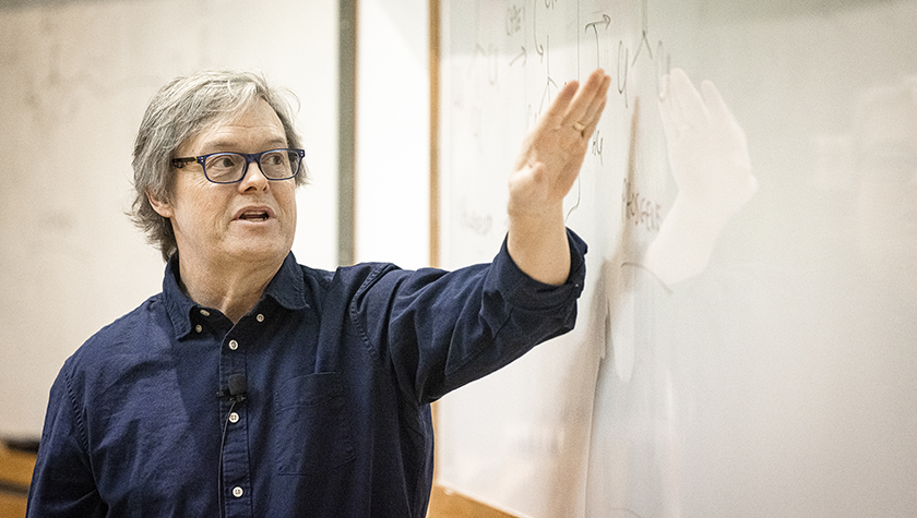 Charles Lauhon, associate professor in pharmaceutical sciences at the University of Wisconsin-Madison, teaches during a Pharmacy Science 531 course in Rennebohm Hall on Feb. 27, 2023. Lauhon is a recipient of a 2023 Distinguished Teaching Award. (Photo by Bryce Richter / UW–Madison)