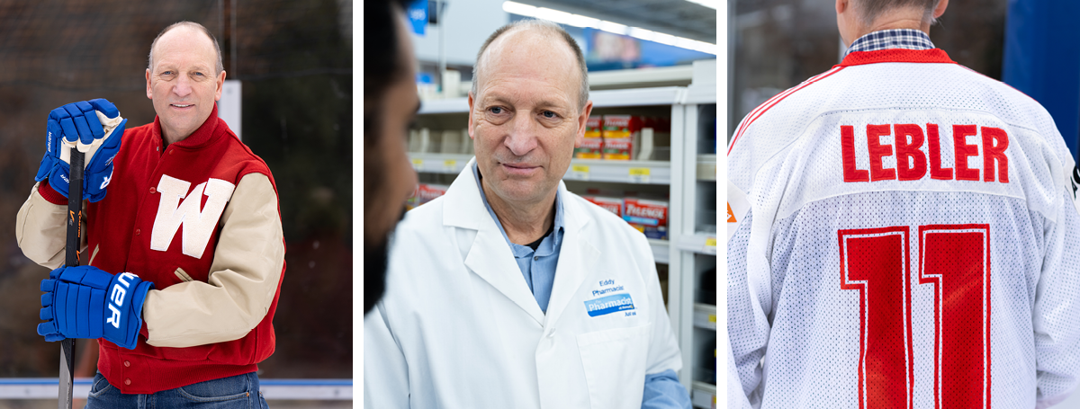 Three photos of Ed Lebler, dressed as a hockey player and working as a pharmacist.