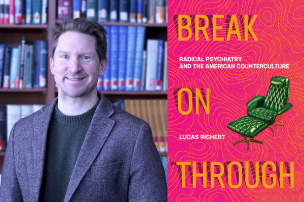 Associate Professor Lucas Richert with the cover of his new book, Break on Through.