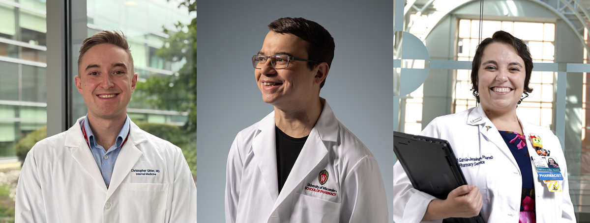 Chris Gitter (BS '20), internal medicine resident at Duke; Jacob Timmerman, second-year PharmD student at the School of Pharmacy; and Lizeth Garcia-Jennings (PharmD '20), clinical pharmacy specialist at Johns Hopkins.