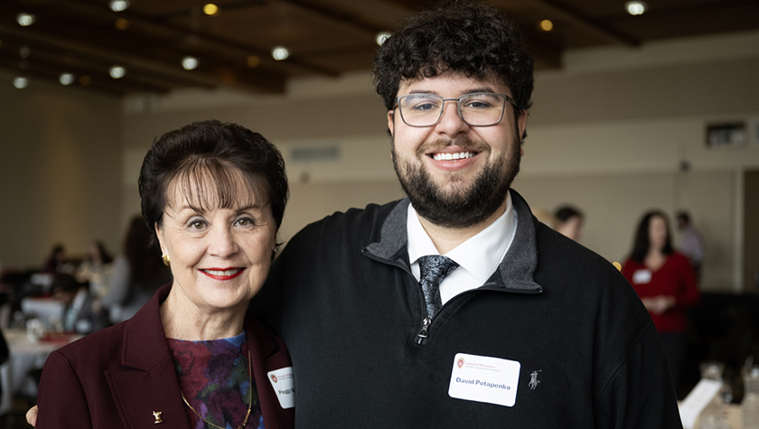 Donors Peggy Wiederholt poses with PharmD scholarship recipient David Potapenko during the PharmD Student Scholarship Brunch at Dejope Hall in the Lake Mendota room on Sunday, November 10, 2024. (Photographer Paul L. Newby II)