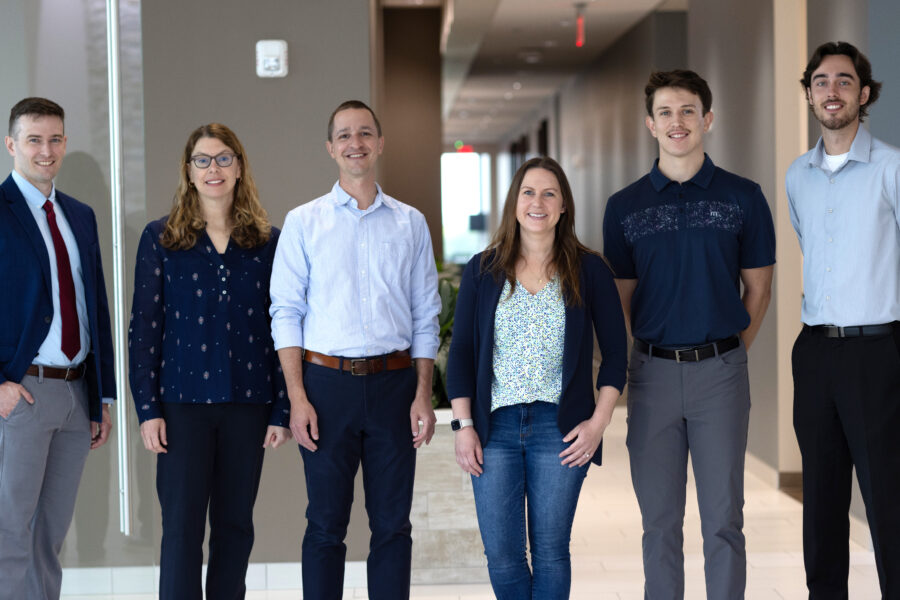 Brett Gadow (PharmD '12), Navitus clinical program manager; Marnie Wickizer (PharmD '03), Navitus clinical services director; third-year PharmD student Jacob Whitbeck; fourth-year PharmD student Alan Albrecht; Hanna Henschel (PharmD '17), Navitus senior manager of formulary operations; and Jay Eickman (PharmD '16), Navitus clinical prior authorizations manager.