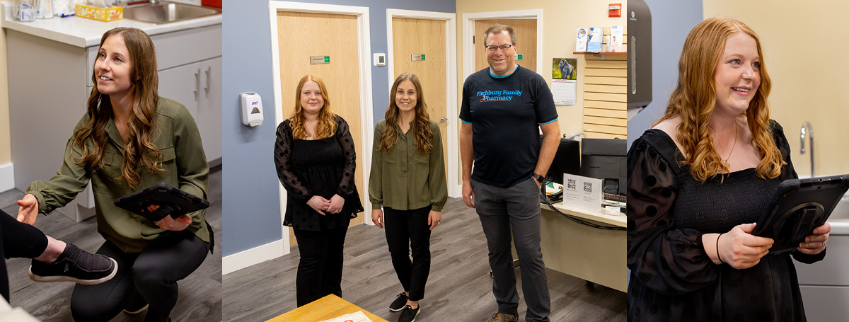 Collage of photos from the Fitchburg Family Clinic, including Emma Hickmann, Bianca Bellissimo, and Thad Schumacher