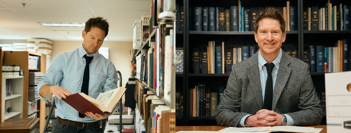 Two photos of Lucas Richert: one where he is reading a book in an archival setting, and another where he is smiling while seated at a table in front of a bookshelf