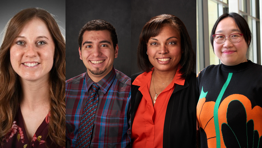 The School of Pharmacy's 2024–25 Teachers of the Year: Emma Hickmann (PharmD '22), Associate Professor Ed Portillo (PharmD '14), Professor Eva Vivian, and Assistant Professor Ting Fu.