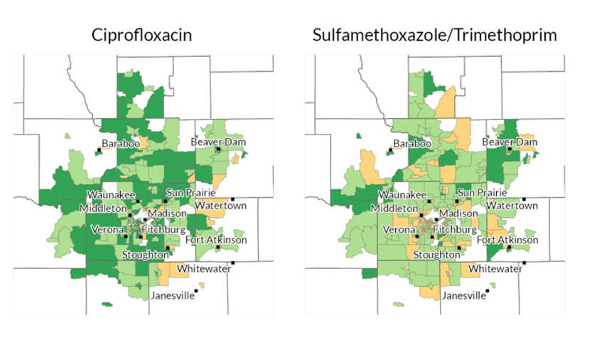 This map depicts variations in E. coli's susceptibility to two common antibiotic treatments within the Marshfield Clinic health system in parts of central and northern Wisconsin.