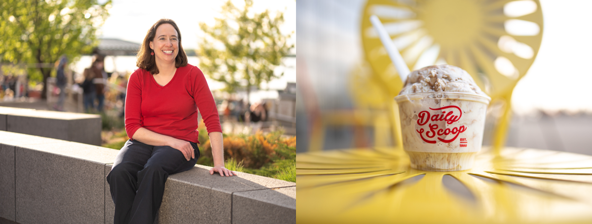 Photos of Kim Lintner and a bowl of ice cream on a Memorial Union sunburst chair
