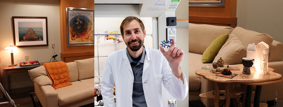 A photo of the Clinical Therapy Room at the School of Pharmacy, with a photo of Cody Wenthur holding up a plastic model of a molecule in front of it